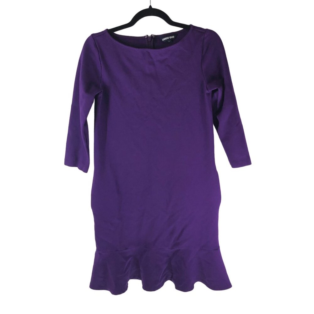 Lands End Womens Purple Ruffle Hem Sheath Dress Pockets 3/4 Sleeve Size 4